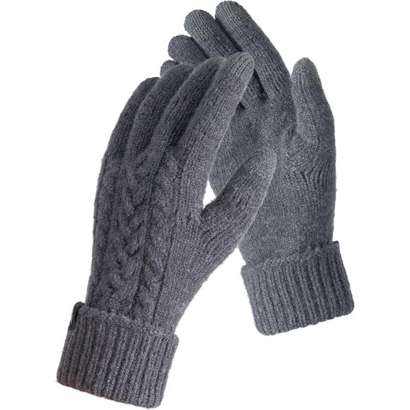 Women Gray Folding Cuffs Touchscreen Soft Skin-Friendly Jacquard Knit Warm Glove - Picture 1 of 6